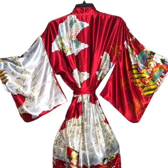 Vintage Satin Authentic Japanese Kimono Open Front Sash Tie Red White Maxi OS - Picture 3 of 13